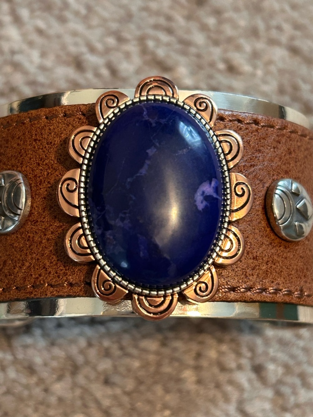 Rare Brighton Boho Flower Cuff Bracelet 💙 Leather, Copper, Blue Sodalite Stone - Picture 14 of 15